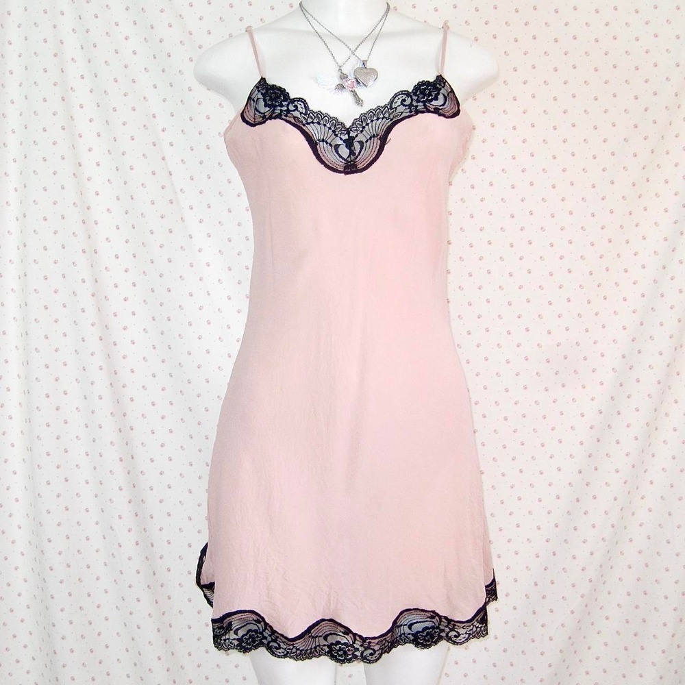 y2k 100% silk peach pink black lace trim mini slip dress lingerie coquette